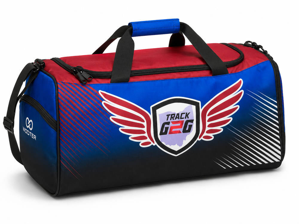 Blue and red custom softball duffle bag