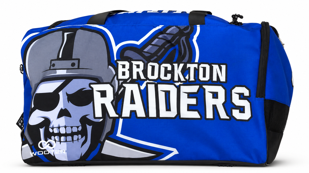 Extra large football duffle bag with Raiders team logo and skull design