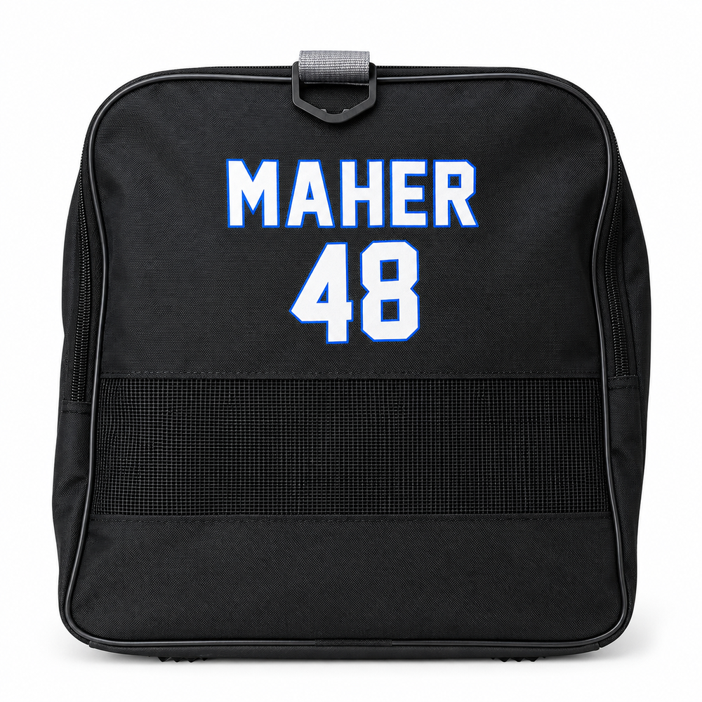 Front pocket view of extra large softball duffle bag with player name and number