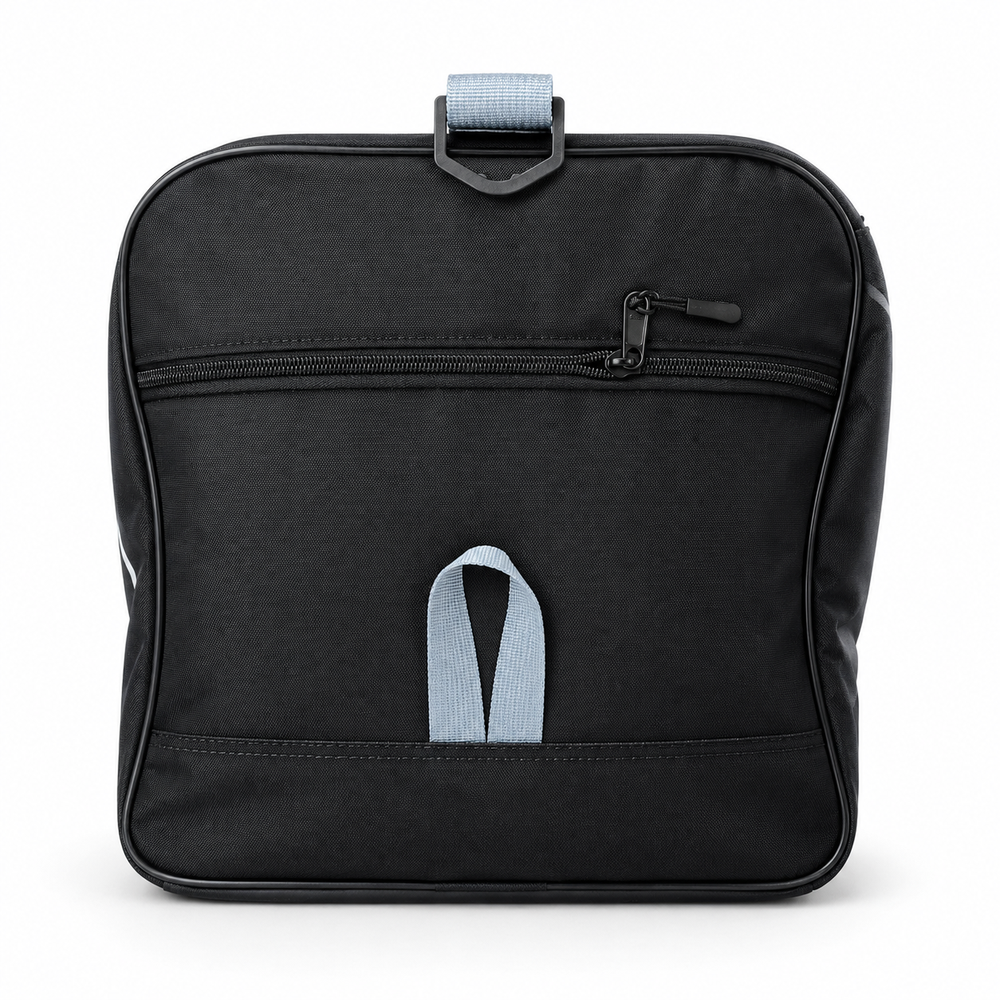 Back view of black extra large softball duffle bag with pocket detail