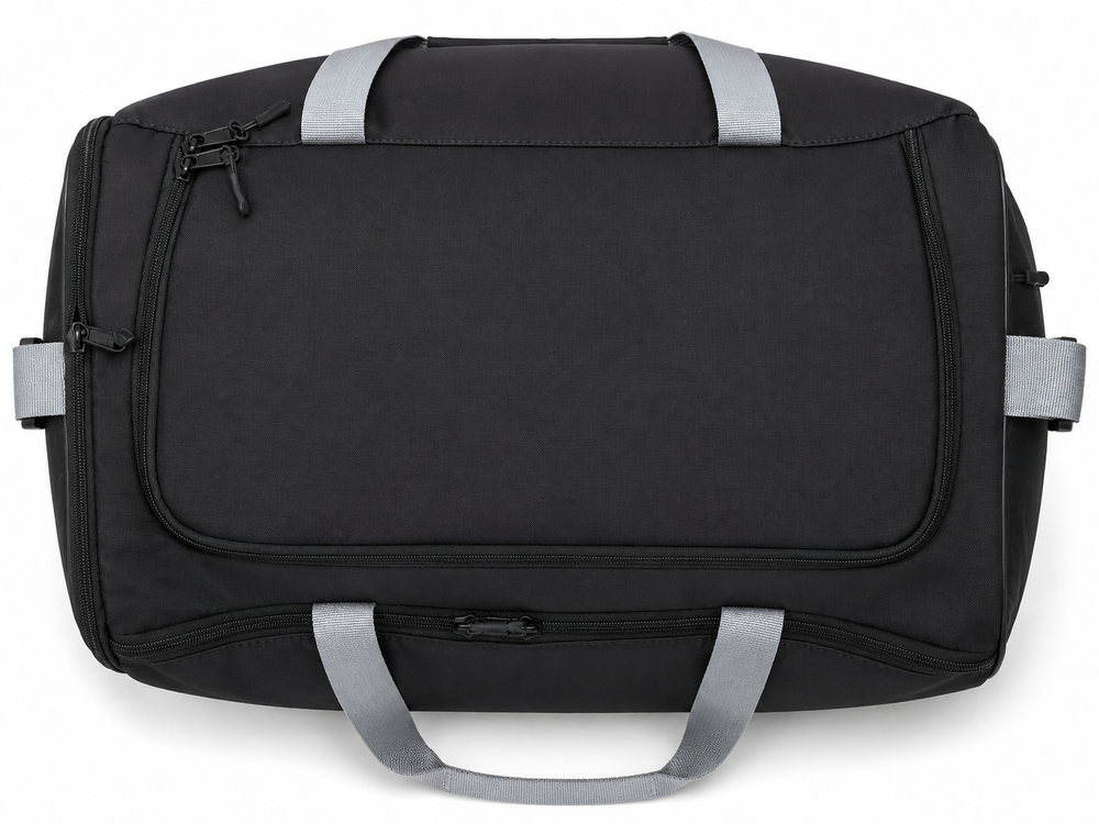 Top view of black extra large softball duffle bag with carry handles