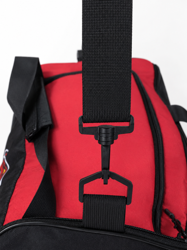 Back view of red and black extra large football duffle bag with straps