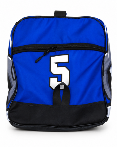 Side view of blue extra large football duffle bag with player number 5