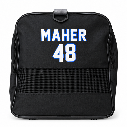 Front pocket view of extra large softball duffle bag with player name and number