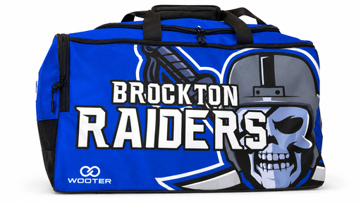 Blue extra large baseball duffle bag with Brockton Raiders team logo
