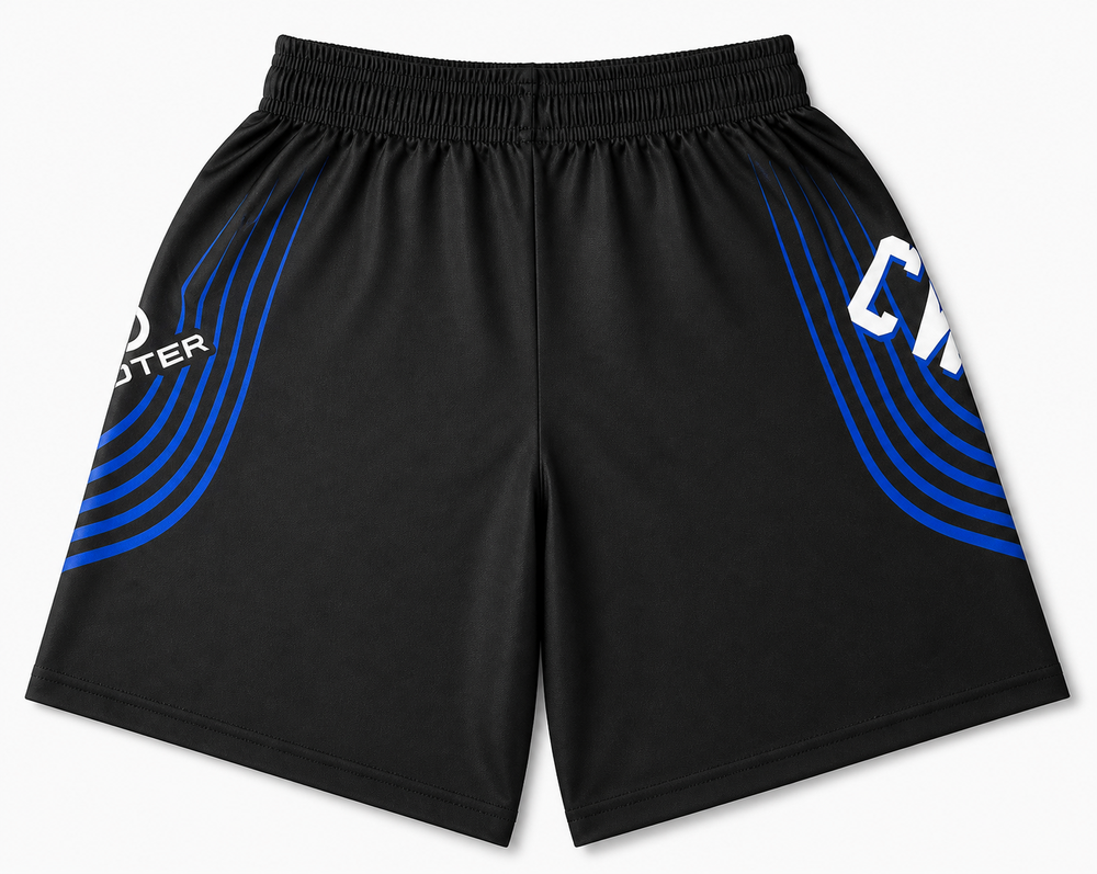 Back view of black design athletic shorts with blue side graphics