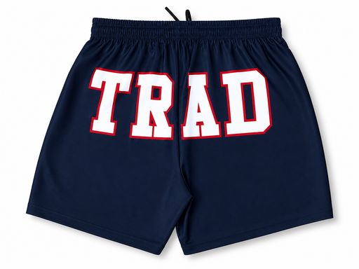 Navy blue design athletic shorts with TRAD lettering on back