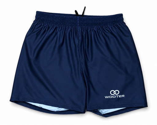 Navy blue athletic shorts with custom logo design on leg