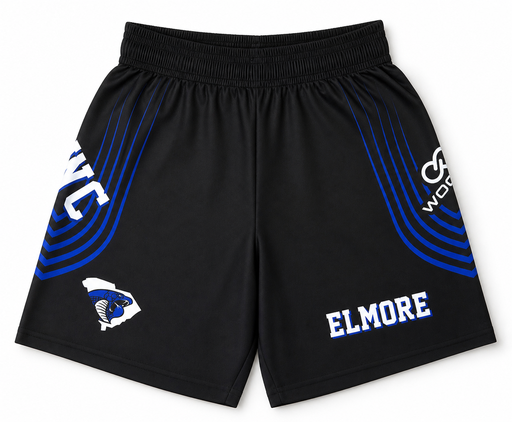 Black custom athletic shorts with blue side design and team logo