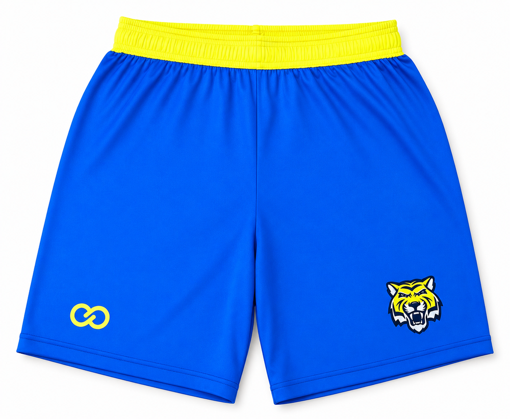 Custom Soccer Shorts in royal blue with yellow waistband and team logo on white background