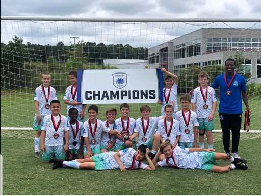 Youth soccer team wearing custom v-neck soccer jerseys after match