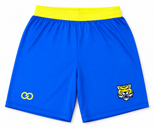 Custom Soccer Shorts in royal blue with yellow waistband and team logo on white background
