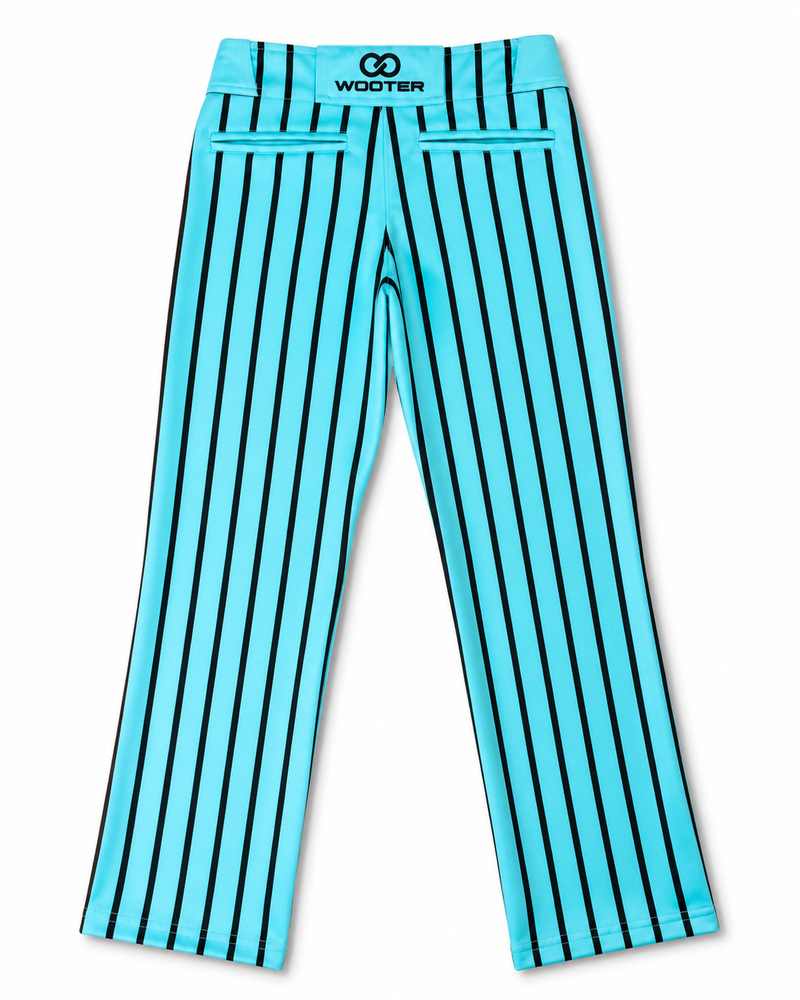 Back view of teal custom softball pants with vertical stripe design