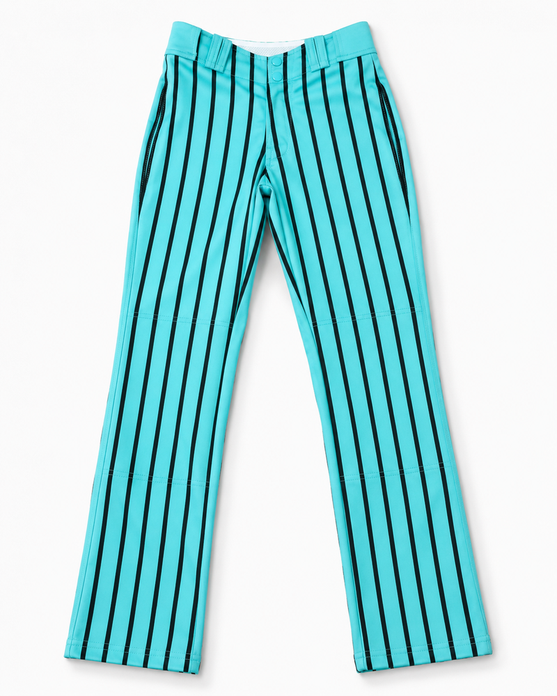 Front view of teal custom softball pants with black stripe design