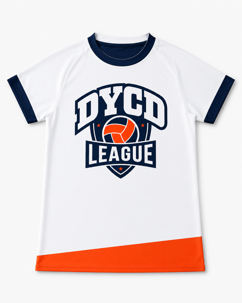 White reversible short sleeve crew neck volleyball jersey with team logo