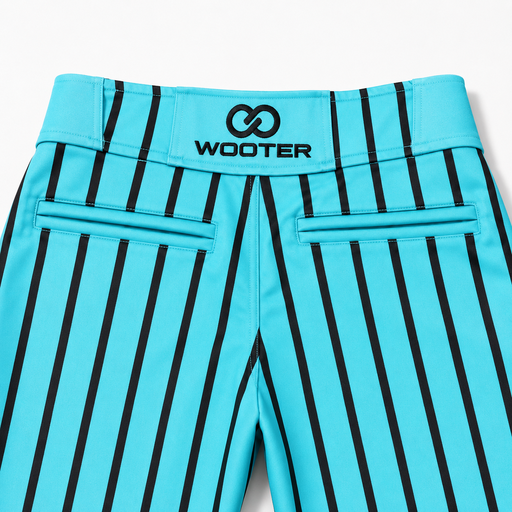 Close-up of teal custom softball pants waistband and button detail
