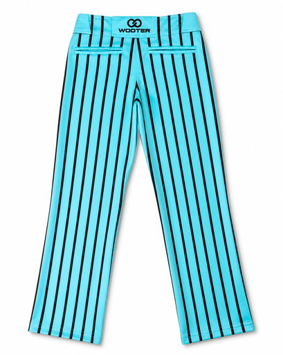 Back view of teal custom softball pants with vertical stripe design