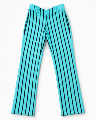 Front view of teal custom softball pants with black stripe design
