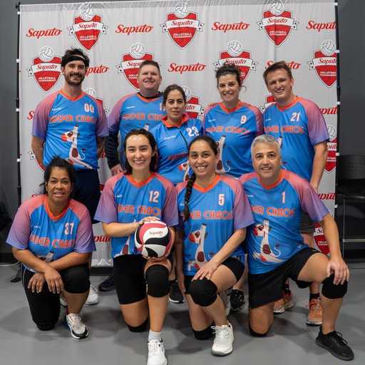 Volleyball team wearing blue reversible volleyball uniforms after match