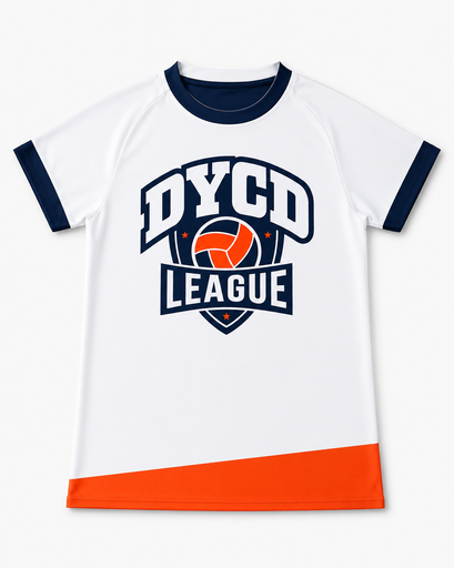 White reversible short sleeve crew neck volleyball jersey with team logo