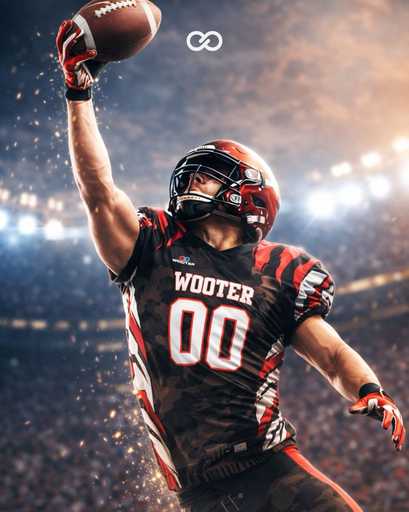 Football player raising ball while wearing custom football gloves