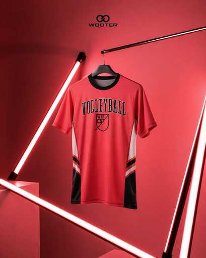 Red reversible volleyball uniform jersey displayed on hanger