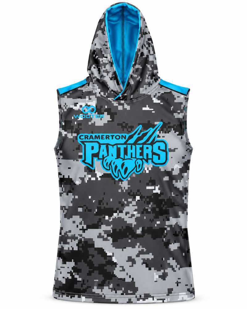 Gray camo custom hooded sleeveless compression shirt with blue Panthers design
