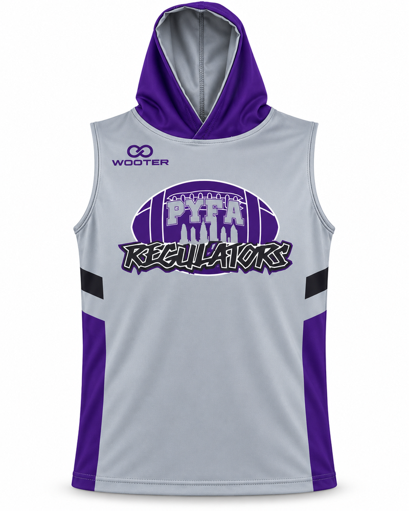 Gray and purple hooded sleeveless compression shirt with PYFA Regulators logo