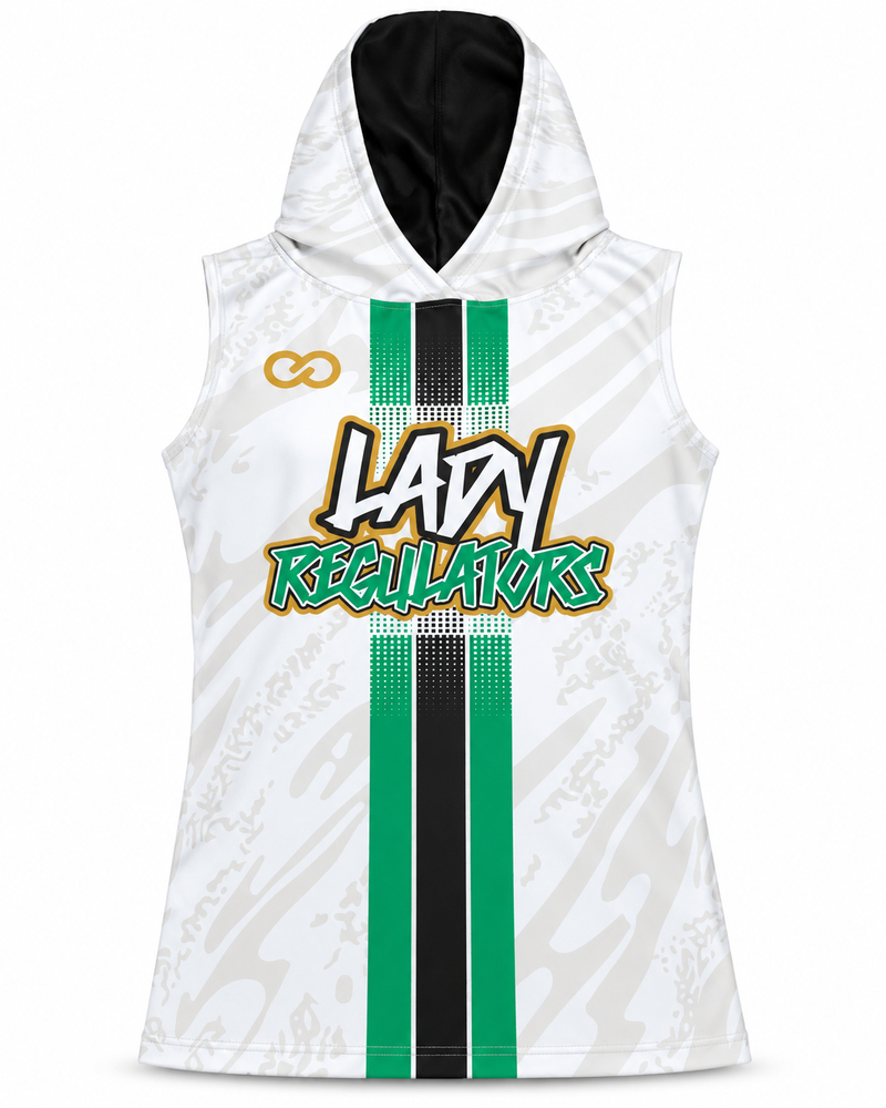White custom hooded sleeveless compression shirt with green and black Lady Regulators design