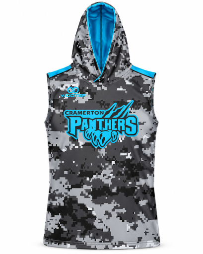 Gray camo custom hooded sleeveless compression shirt with blue Panthers design