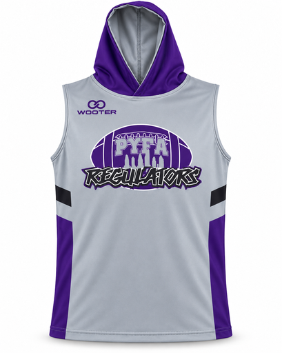Gray and purple hooded sleeveless compression shirt with PYFA Regulators logo