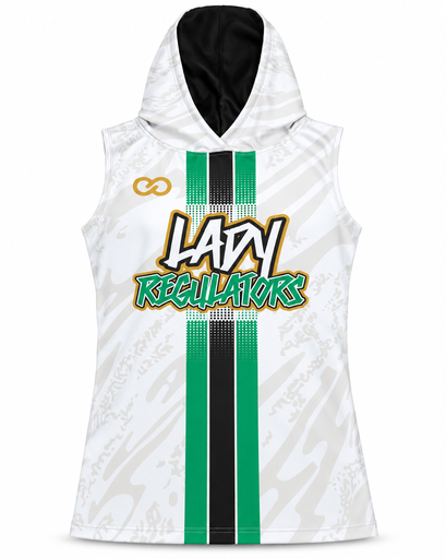 White custom hooded sleeveless compression shirt with green and black Lady Regulators design