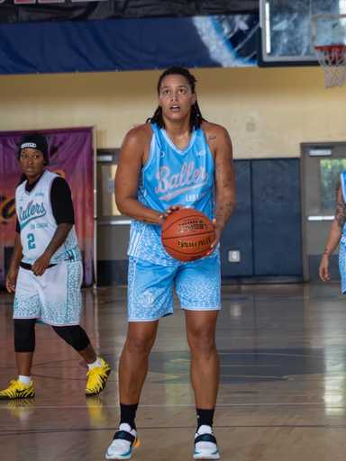 Player wearing blue custom basketball uniform with matching shorts