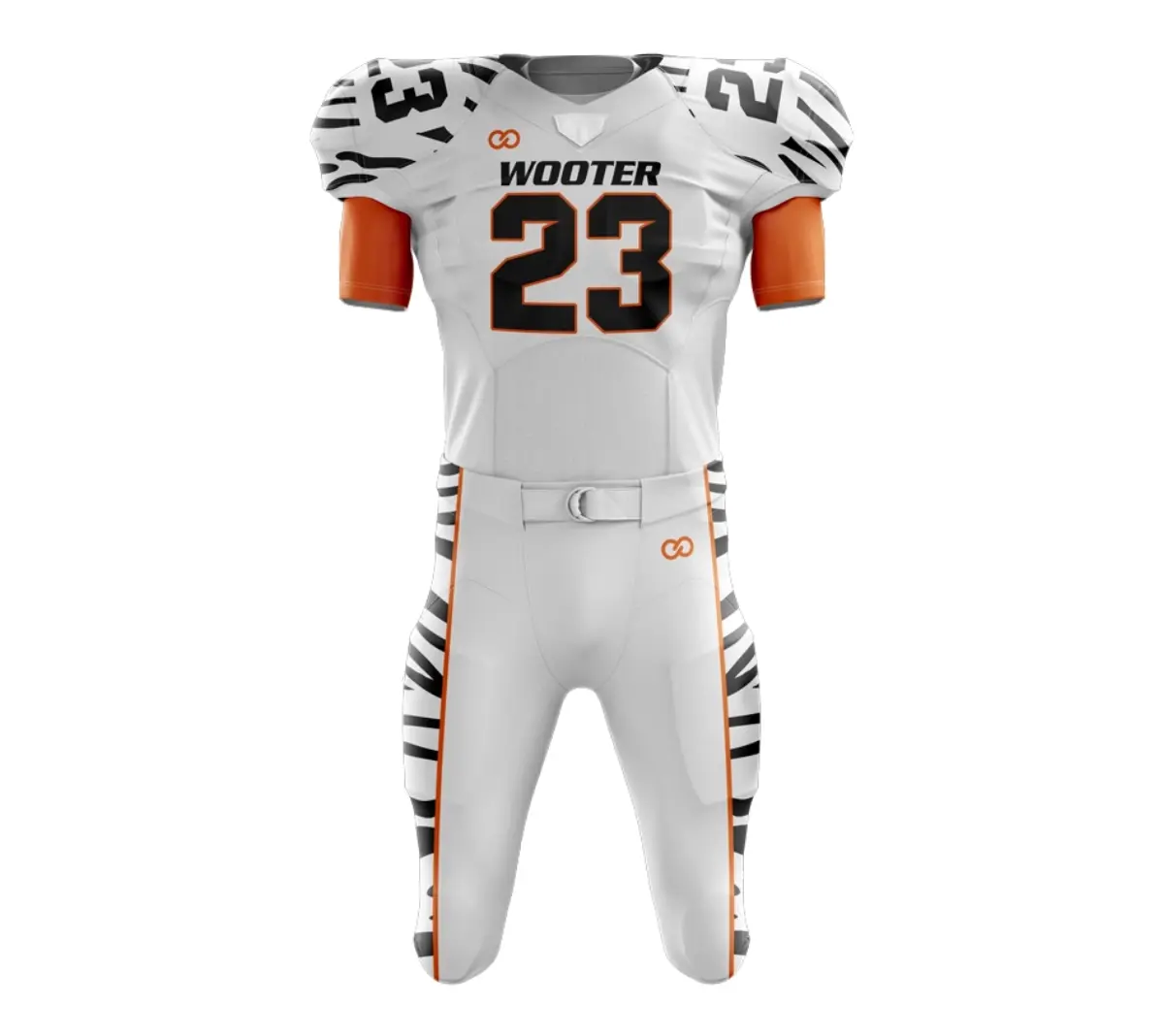 white and black mockup of custom football jersey with tiger elements