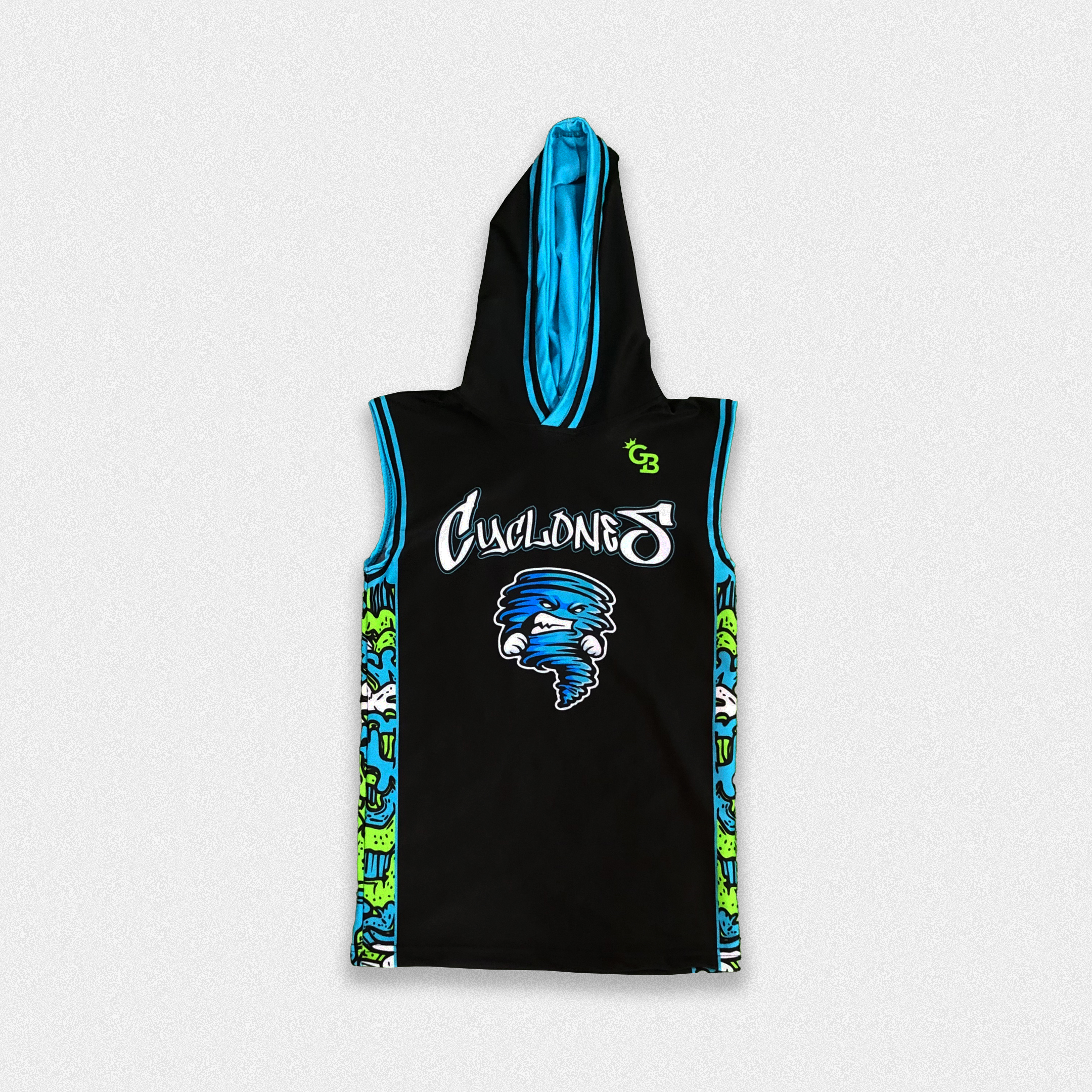 front view custom hooded 7v7 compression football shirt in black and blue