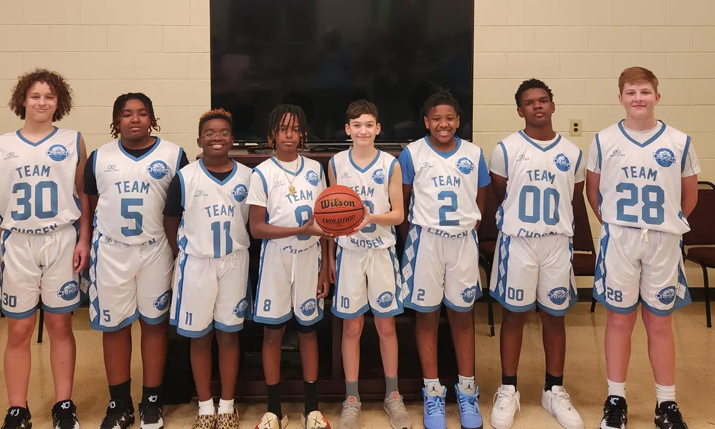 Team Chosen wearing Wooter Custom V-Neck Basketball Jerseys - white and sky design