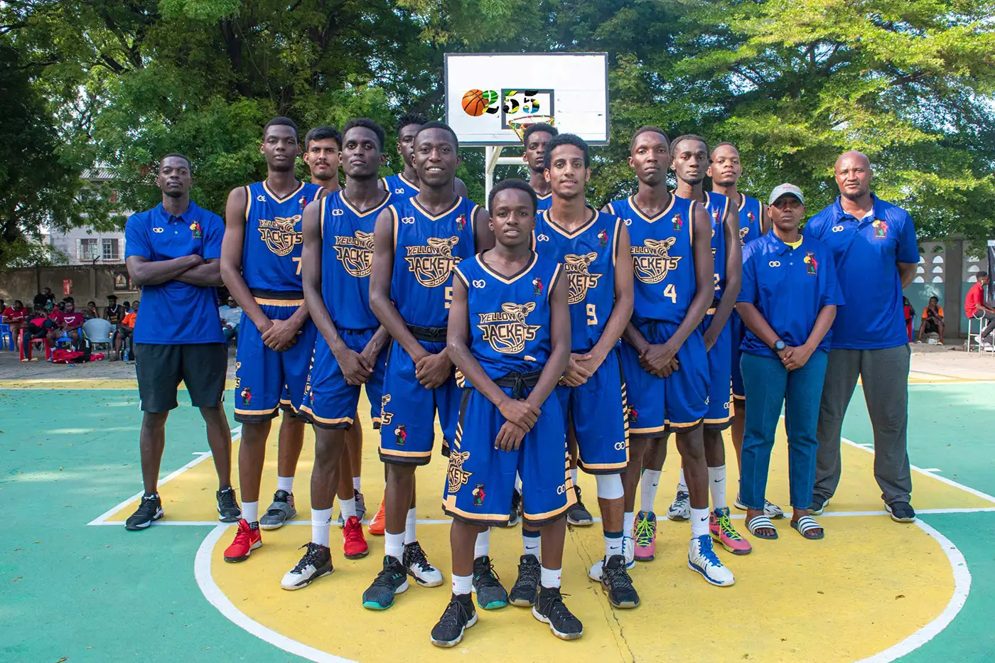 Wooter Africa basketball team wearing blue and white custom basketball unifo