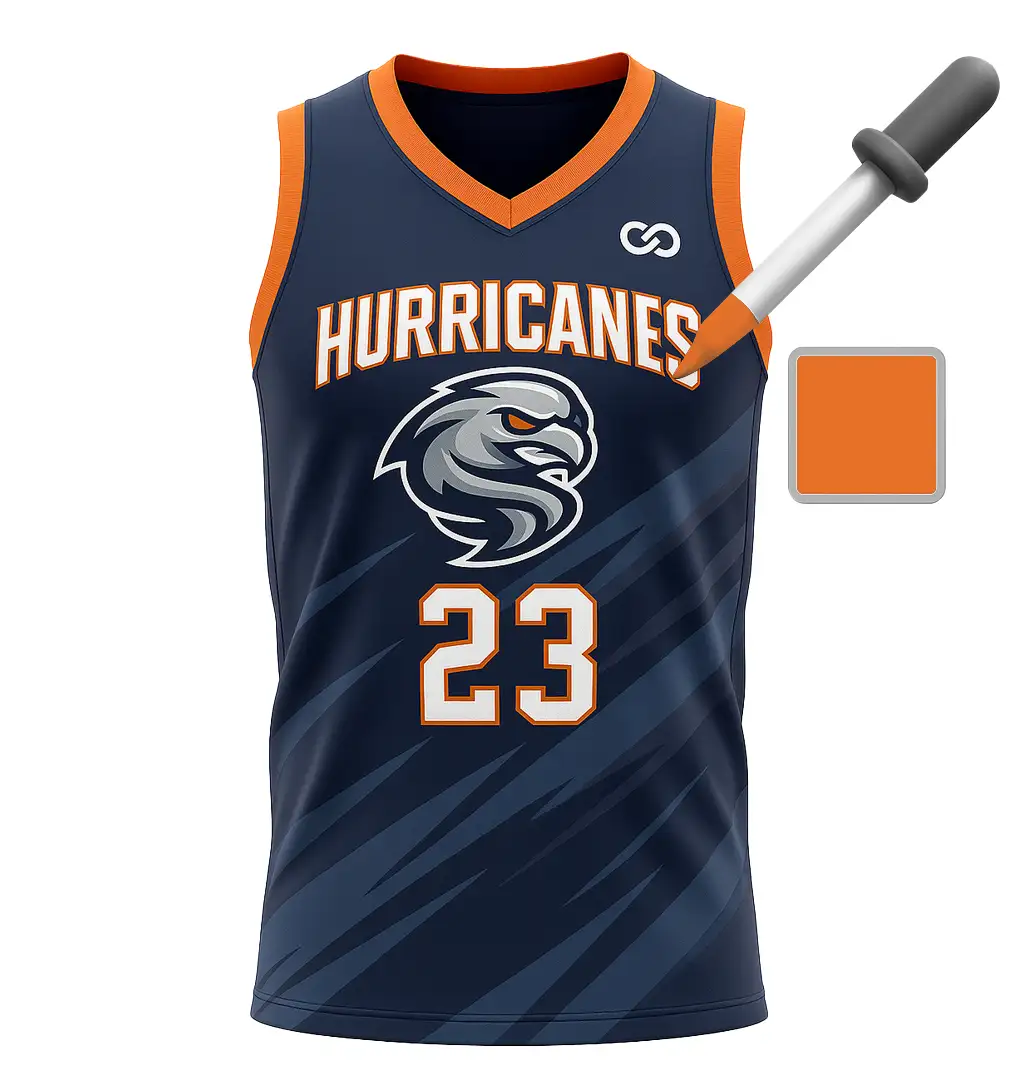 Hurricanes Basketball Jersey Navy and Orange mockup. Design your own basketball uniform online with our basketball uniform builder tool.
