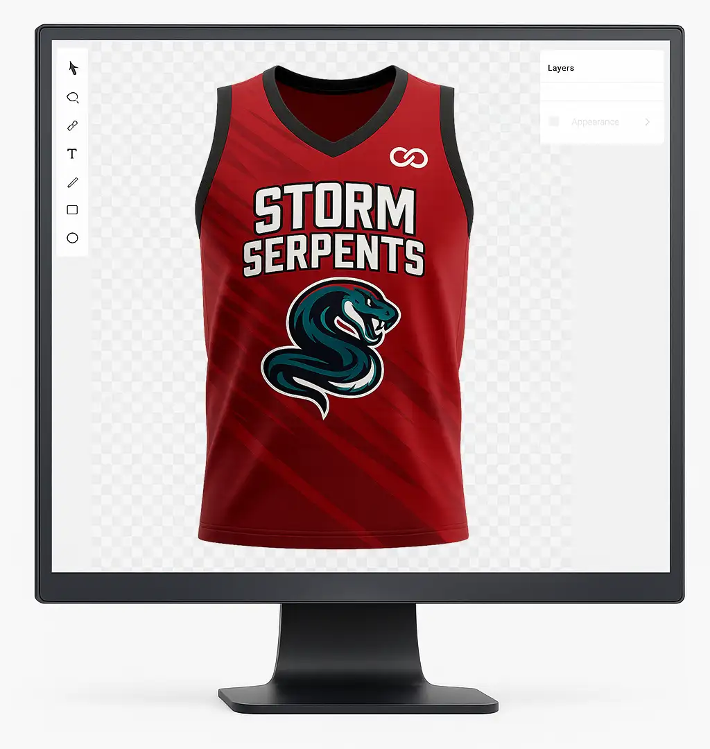 Custom Basketball Jersey Mockup on Monitor mockup. Our designers create free basketball uniform mockups for your basketball team.
