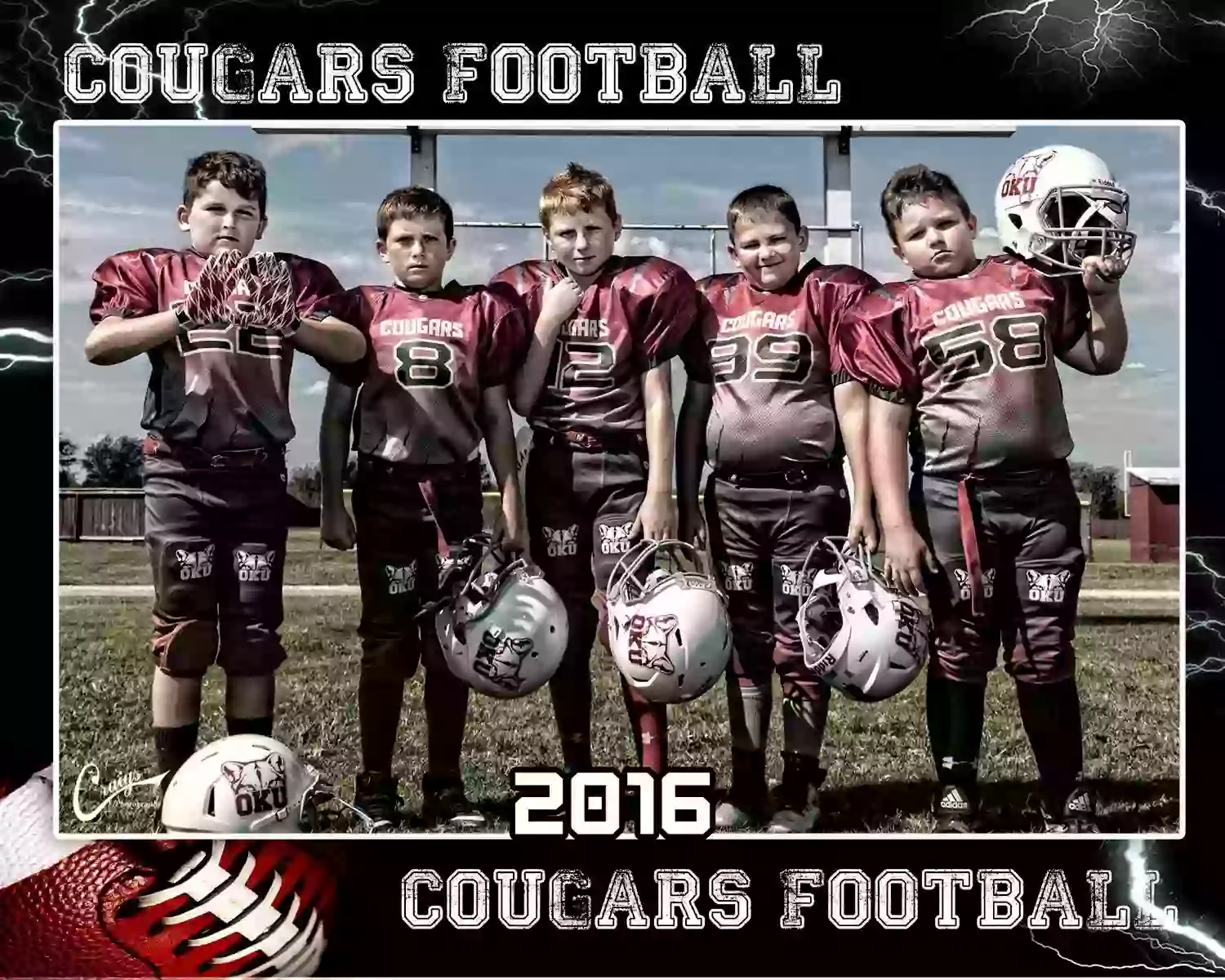 Cougars youth football team posing for photo in 2016 wearing red, black and white custom football uniforms by Wooter.