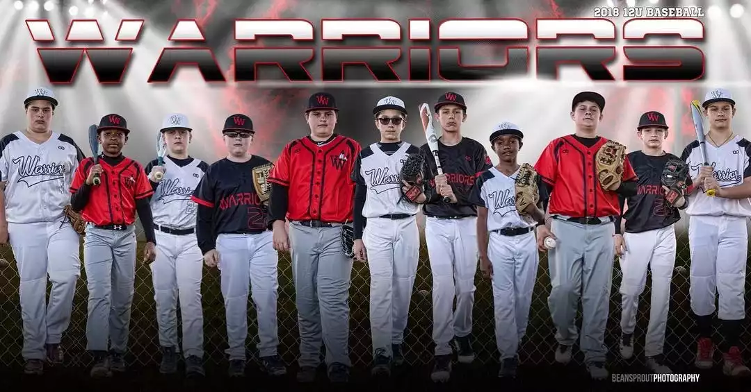 warriors baseball team photo, youth baseball team wearing custom youth baseball uniforms