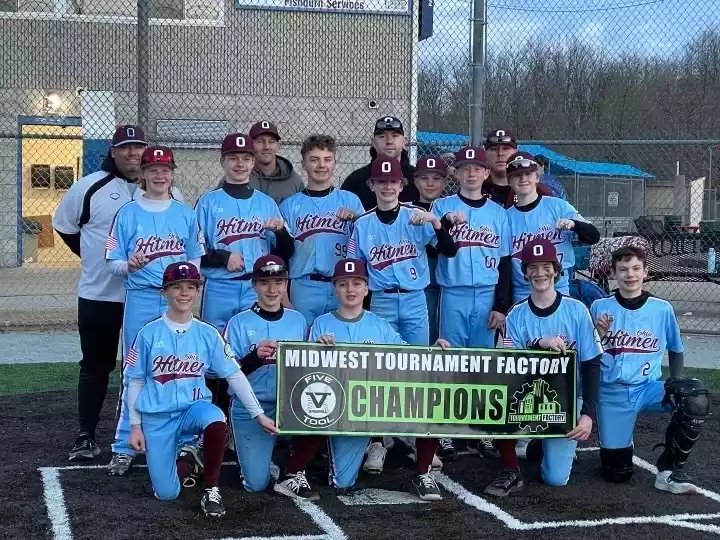 Hitmen baseball Jersey, Team holding Banner wearing custom baseball uniforms