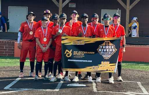 Team STEEL holding Banner wearing orange and black, Wooter Custom 2-Button Baseball Jerseys