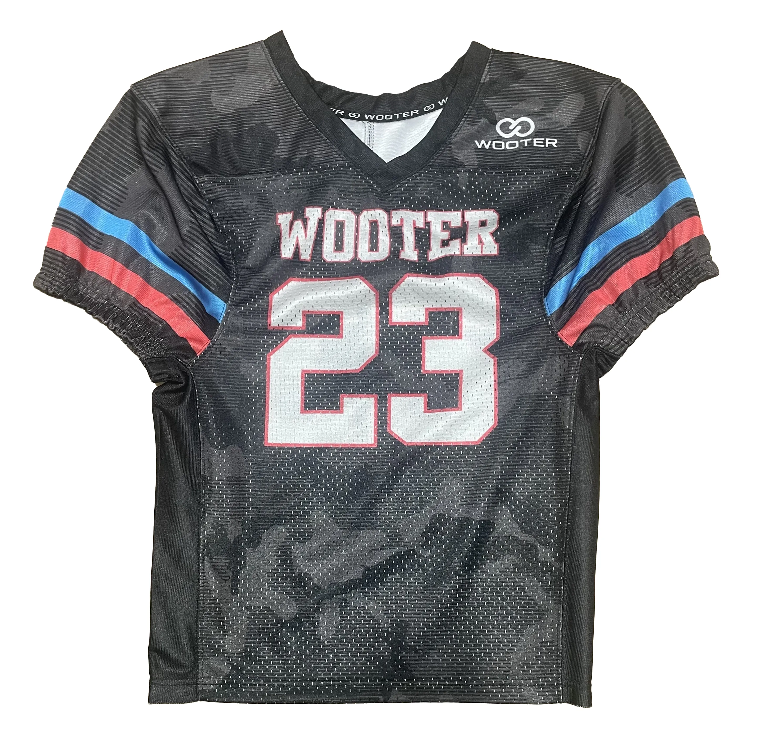 wooter sample of practice football jersey, black red and blue custom made fully personalized custom practice football jersey front