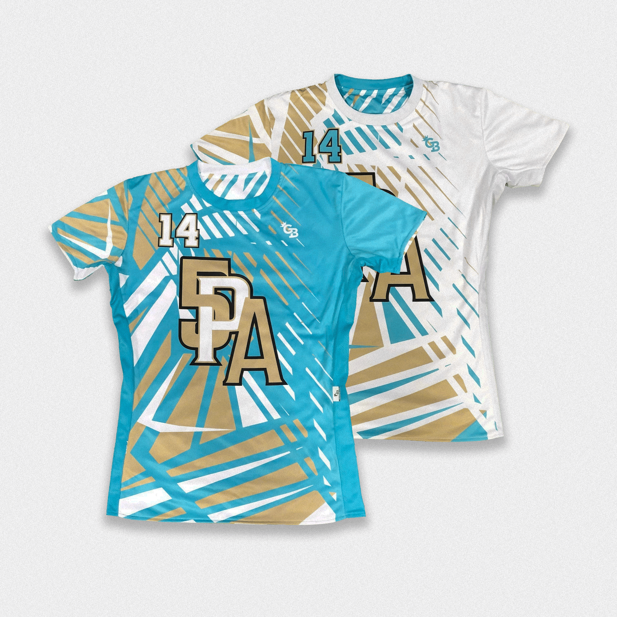 Custom reversible soccer jersey by GameBreaker, showing blue and white primary side next to its white and blue reverse side.