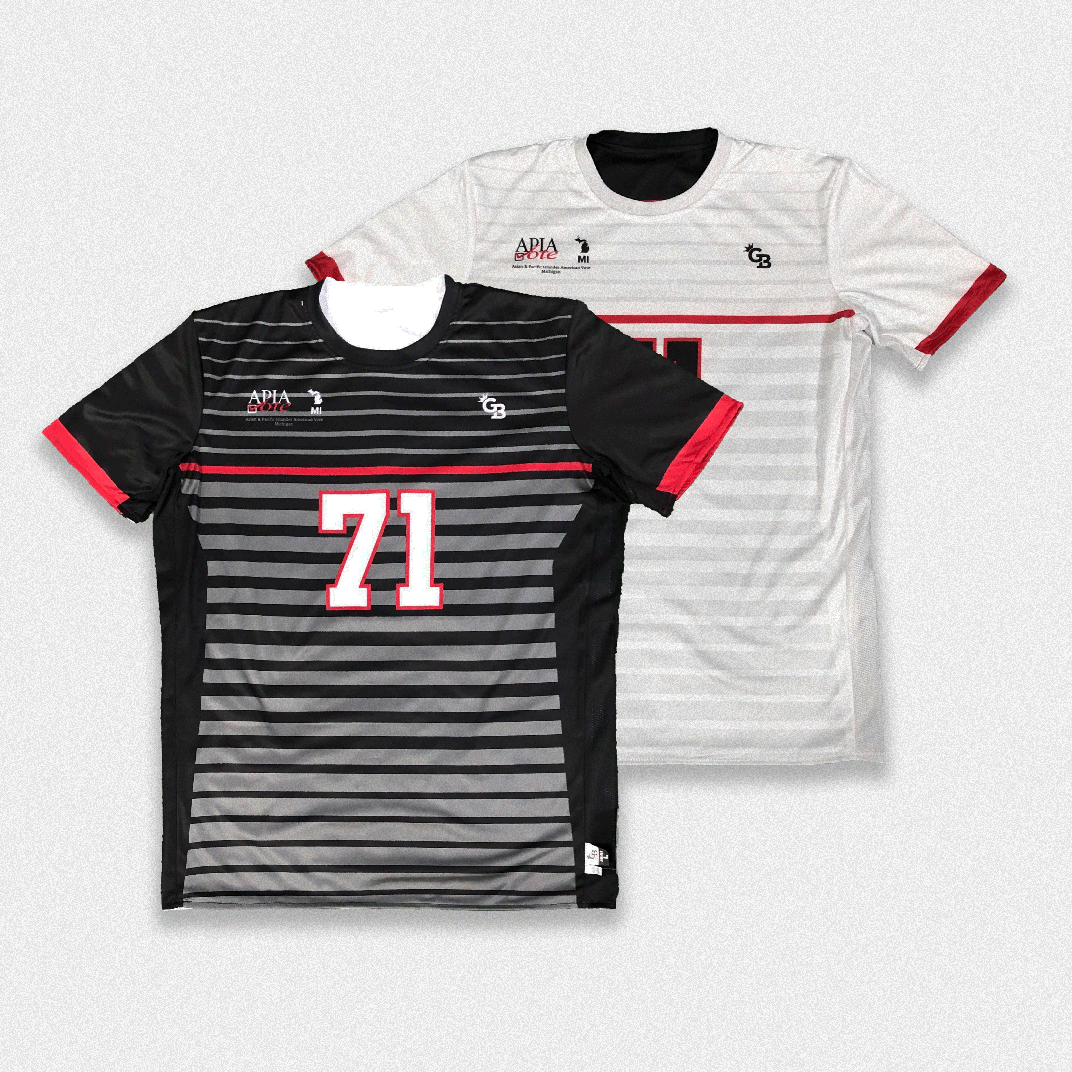 Custom reversible soccer jersey by GameBreaker, showing blue and white primary side next to its white and black reverse side.