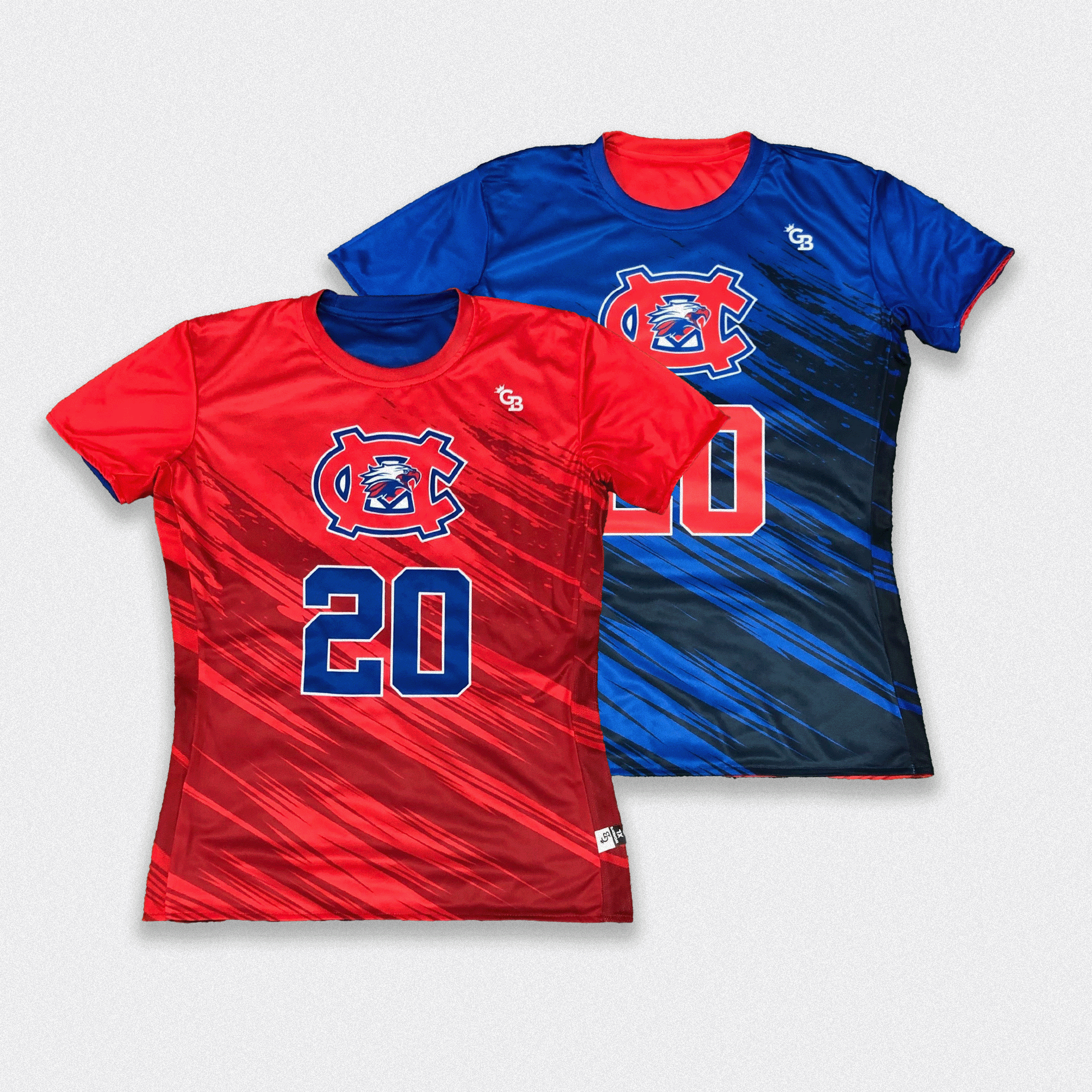 Custom reversible soccer jersey by GameBreaker, showing blue and white primary side next to its red and blue reverse side.