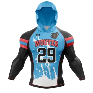 Custom Long Sleeve Hooded Compression Shirts, design your own compression shirts, blue white and black design 3d placeholder